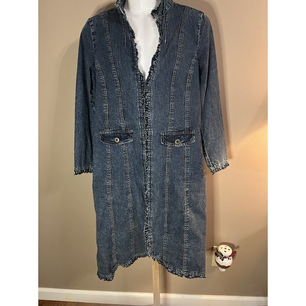 Y2K Bleu Bayou Denim Jacket Long Ruffled Denim Coat Jacket Size L